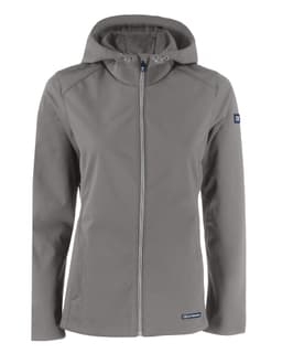 A grey softshell jacket with a hood and zip front, featuring a logo on the sleeve.