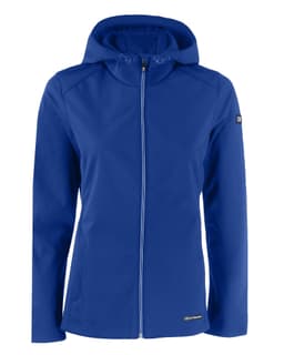 A blue softshell jacket for ladies with a hood and a front zip, featuring a logo on the sleeve.