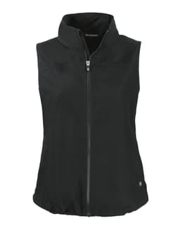 A sleeveless black vest with a high collar and front zipper. It features a logo on the side.