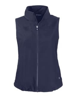A navy blue eco vest features a zip front and a mandarin collar, with a logo on the side.