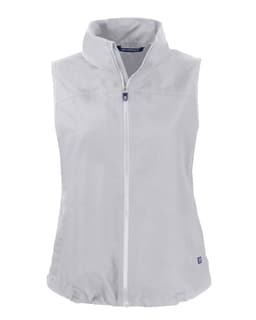 A light grey vest with a high collar and front zipper, featuring a logo. Ideal for layering or outdoor activities.