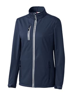A navy softshell jacket designed for ladies featuring a zip front and stylish pockets. It has a logo on the garment.