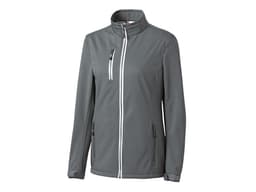 A softshell jacket in grey with a front zip, zippered pockets, and a high collar. Features a logo on the chest.