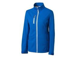 A blue softshell jacket with a zip front, zip pockets, and a standing collar. It features logo branding.