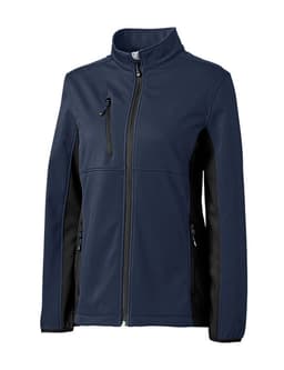A navy and black softshell jacket with a zip closure and multiple pockets, featuring a logo.