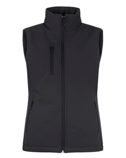 A black softshell vest with a high collar and zippered pockets, featuring a logo on the chest.