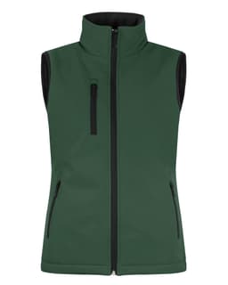 A green ladies' softshell vest with a high collar and three pockets, featuring black accents.