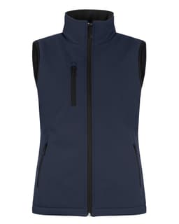 A navy blue softshell vest featuring a high collar and zippered pockets, with an interior lining.