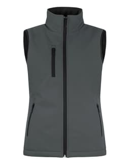 A softshell vest in dark green featuring a zip front, two side pockets, and a chest pocket. It has a logo.