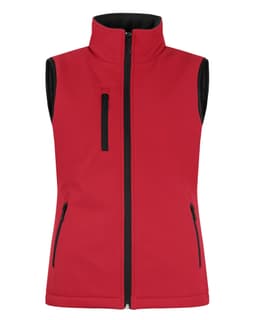 A red softshell vest featuring a full zip, two side pockets, and a chest pocket. It has a logo on it.