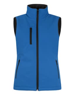 A blue softshell vest with a high collar and zippered pockets, featuring a black interior. It has a logo on it.