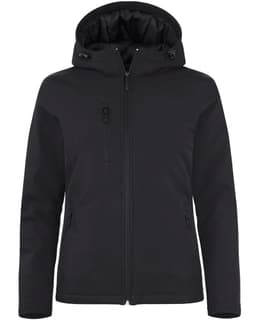 A black softshell jacket with a hood, featuring multiple zippered pockets and a logo on the sleeve.