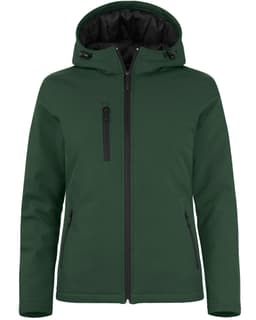 A green softshell jacket featuring a hood, zippered front, and multiple zippered pockets. It has a branding logo.