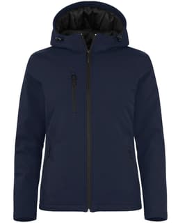 A navy softshell jacket for ladies, featuring a hood and multiple zippered pockets. Includes branding on the design.