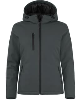 A dark green softshell jacket with a hood and zippered pockets, featuring a logo on the chest.