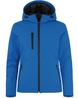 A blue softshell jacket with a hood, featuring a black lining and zippered pockets, along with a branding logo.