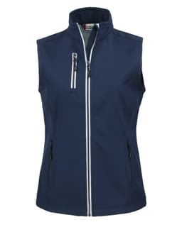A navy softshell vest with a high collar, featuring two zippered side pockets and a zippered chest pocket.