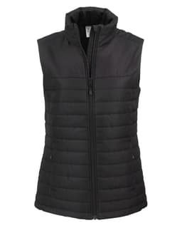 A black eco puffer vest with a zip front and high collar, featuring a logo. Ideal for layering.