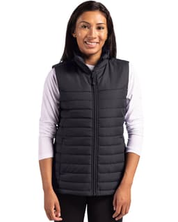 A black puffer vest with a zip front, featuring a collar and a fitted design, modelled by a woman.