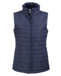 A navy blue eco-friendly puffer vest with a high collar and zippered front, featuring a logo.