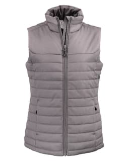 A grey eco puffer vest with a high collar, zip front, and side pockets. Features a logo on the design.