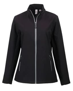 A black ladies soft shell jacket with a front zip and two side pockets, featuring a collar and a logo.