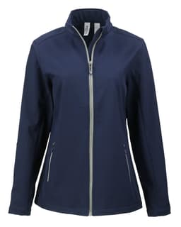 A navy soft shell jacket with a front zipper and two side pockets, featuring a logo.