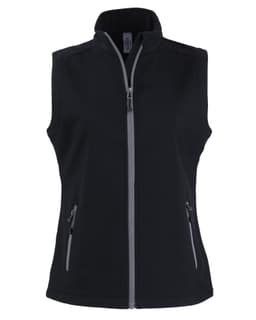 A black eco stretch vest featuring a zip front and two side pockets, with a contrasting grey zipper.