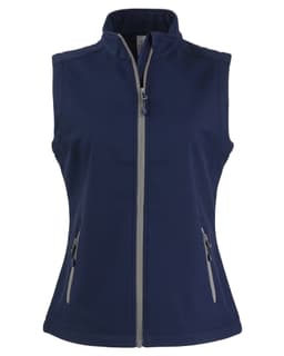 A navy eco stretch vest with a high collar, front zip, and two zippered pockets. It features a logo.