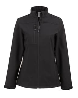 A black ladies' softshell jacket featuring a zippered front and pockets, with a logo on the upper left.