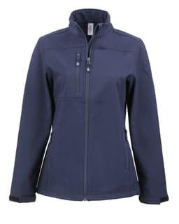 A navy blue ladies' softshell jacket with a zippered front and pockets, featuring a logo on one side.