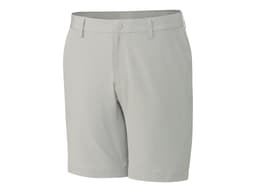 Light grey sports shorts featuring a waistband and pockets, with a logo on one side.