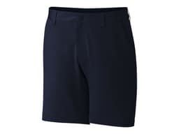 Navy sports shorts with a button closure, featuring pockets and a logo detail on the waistband.