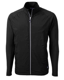 A black full zip jacket with long sleeves and a sleek design, featuring a logo on the front.