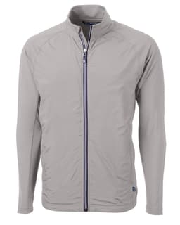 A full zip jacket in grey with long sleeves and a stand-up collar, featuring a logo.