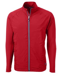 A red full zip jacket with long sleeves, featuring a stand-up collar and a branded logo.