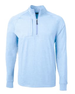 A light blue half-zip jumper featuring a chest pocket and a logo on the front.