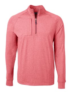 A red half-zip jumper with long sleeves and a chest pocket, featuring a logo on the front.
