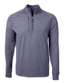A grey half-zip jumper featuring a chest pocket and long sleeves, designed for men. Includes a logo on it.