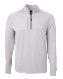 A light grey men's half zip jumper with a chest pocket and a branded logo. Ideal for casual wear.