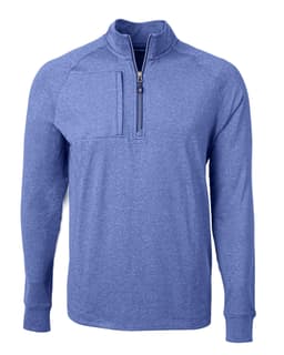 A blue half-zip jumper featuring a front pocket and a logo on the chest. Suitable for men's wear.