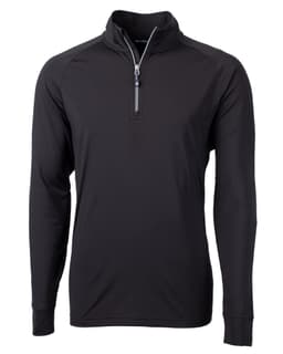 A black long-sleeve half-zip jumper with a stand collar and a zipper at the neck. Features a logo on the chest.
