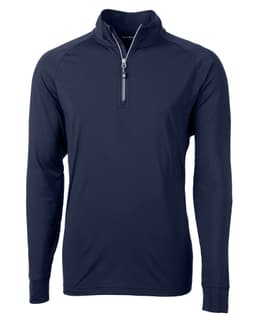 A navy half zip jumper featuring long sleeves and a front zipper. The product includes a logo.