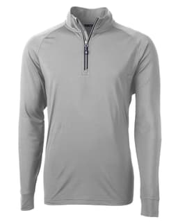 A light grey half-zip jumper with long sleeves, featuring a zippered collar and a discreet logo.