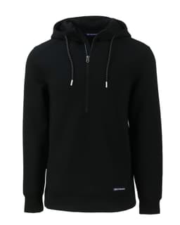 A black half zip hoodie with a drawstring hood and logo branding, designed for men.