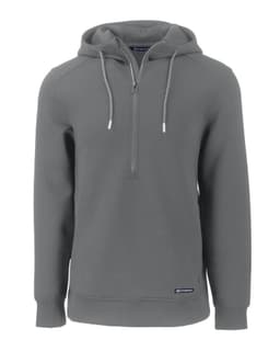 A grey men’s half zip hoodie with a hood, featuring a logo and drawstrings.