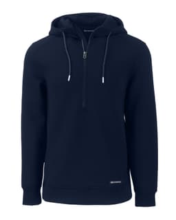 A navy blue men's half zip hoodie featuring a hood, drawstrings, and a logo on the hem.