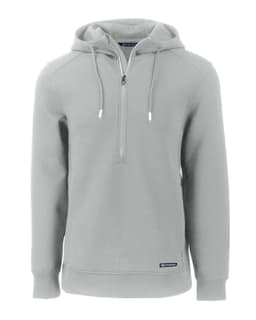 A light grey men's half zip hoodie featuring a hood and a logo at the hem.
