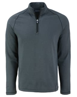 A dark grey half-zip polar fleece jacket with long sleeves and a logo.