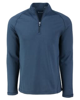 A navy blue men's half zip fleece jacket with long sleeves and a front zipper. It features a logo on the chest.